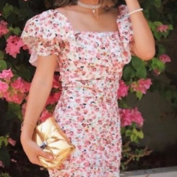 Zara Pink Floral White Ruffled & Ruched Mini Dress SIZE SMALL - Picture 2 of 5